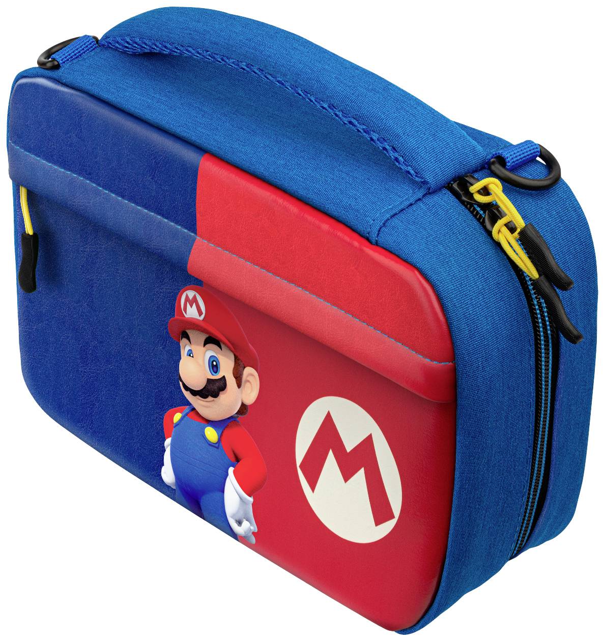 Blaue und rote Tasche mit Videospiel-Charakter-Aufdruck und 'M'-Logo auf der Vorderseite. Zipper sind schwarz und gelb.