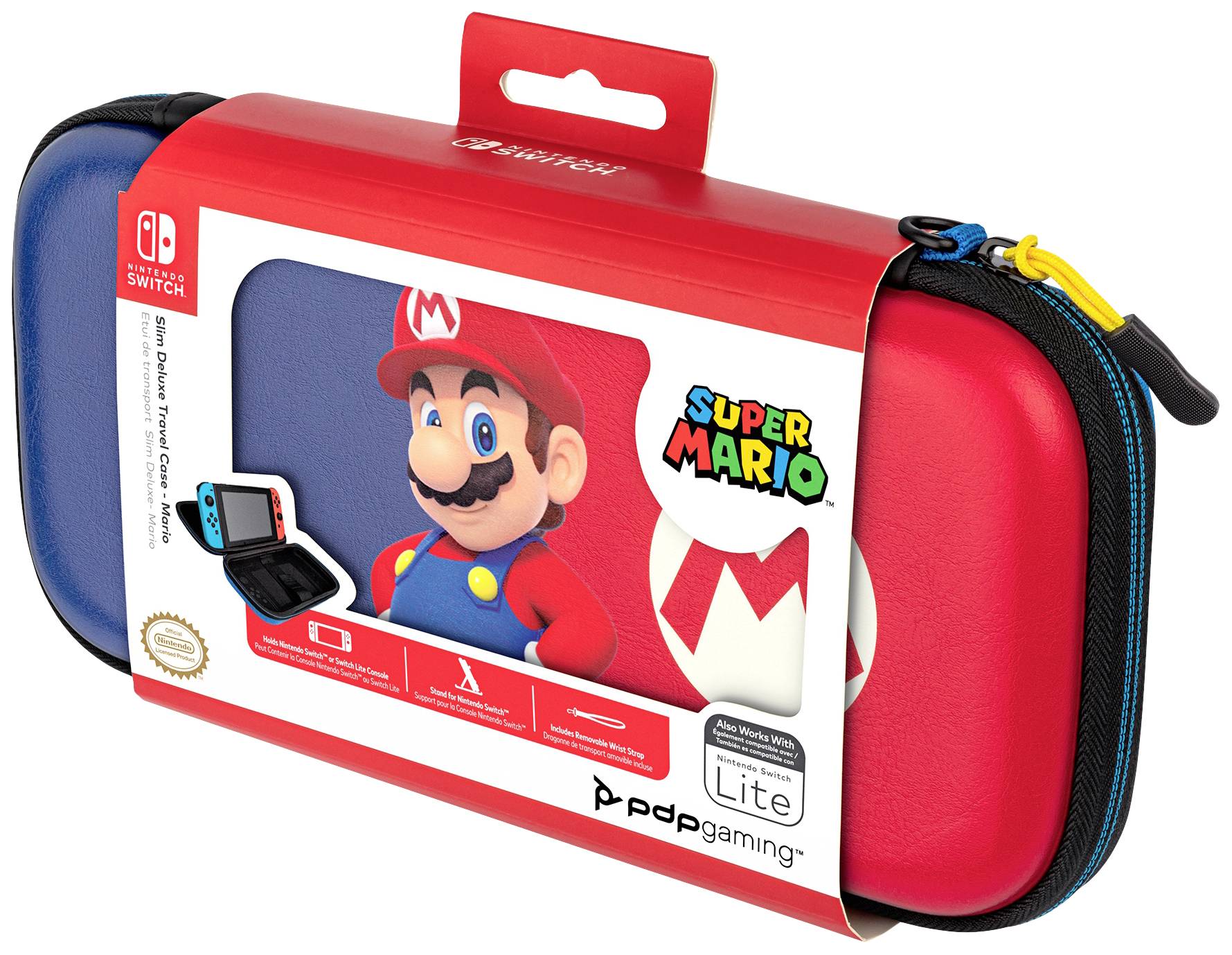 Super Mario Tragetasche für Nintendo Switch Lite mit rotem und blauem Design. Auf der Verpackung: Super Mario-Bild und offizielle Nintendo-Logos.