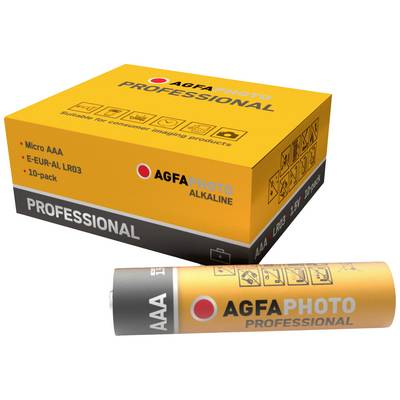 Orange Schachtel mit Batterien der Marke 'AGFAPHOTO Professional'. Verpackung zeigt Symbole für Entsorgung und Anwendung.