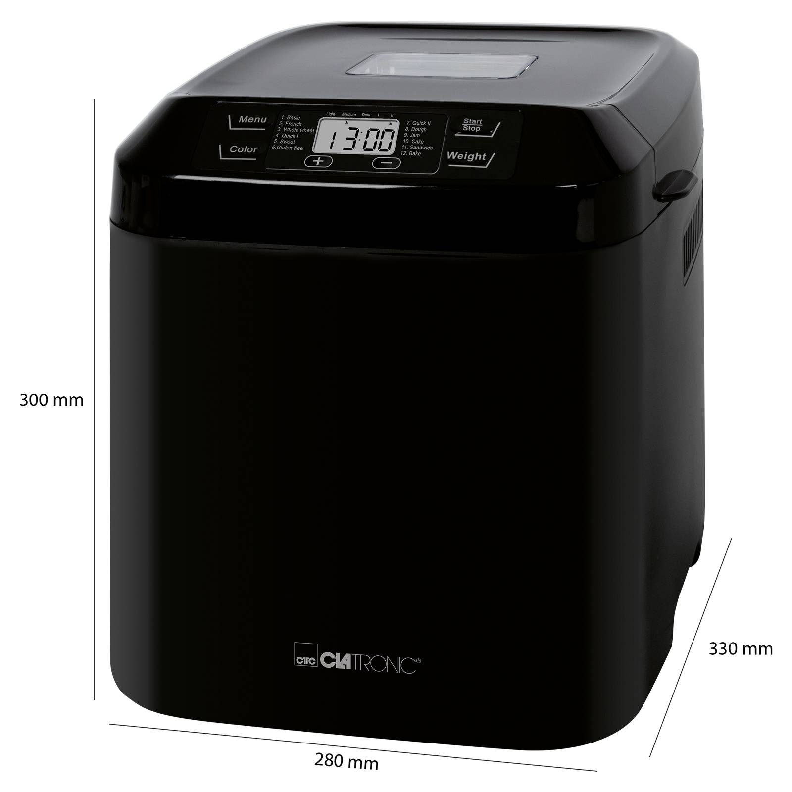 Schwarzer Brotbackautomat mit digitalem Display. Maße: 280 mm Breite, 300 mm Höhe, 330 mm Tiefe. Markenname unter dem Bedienfeld.