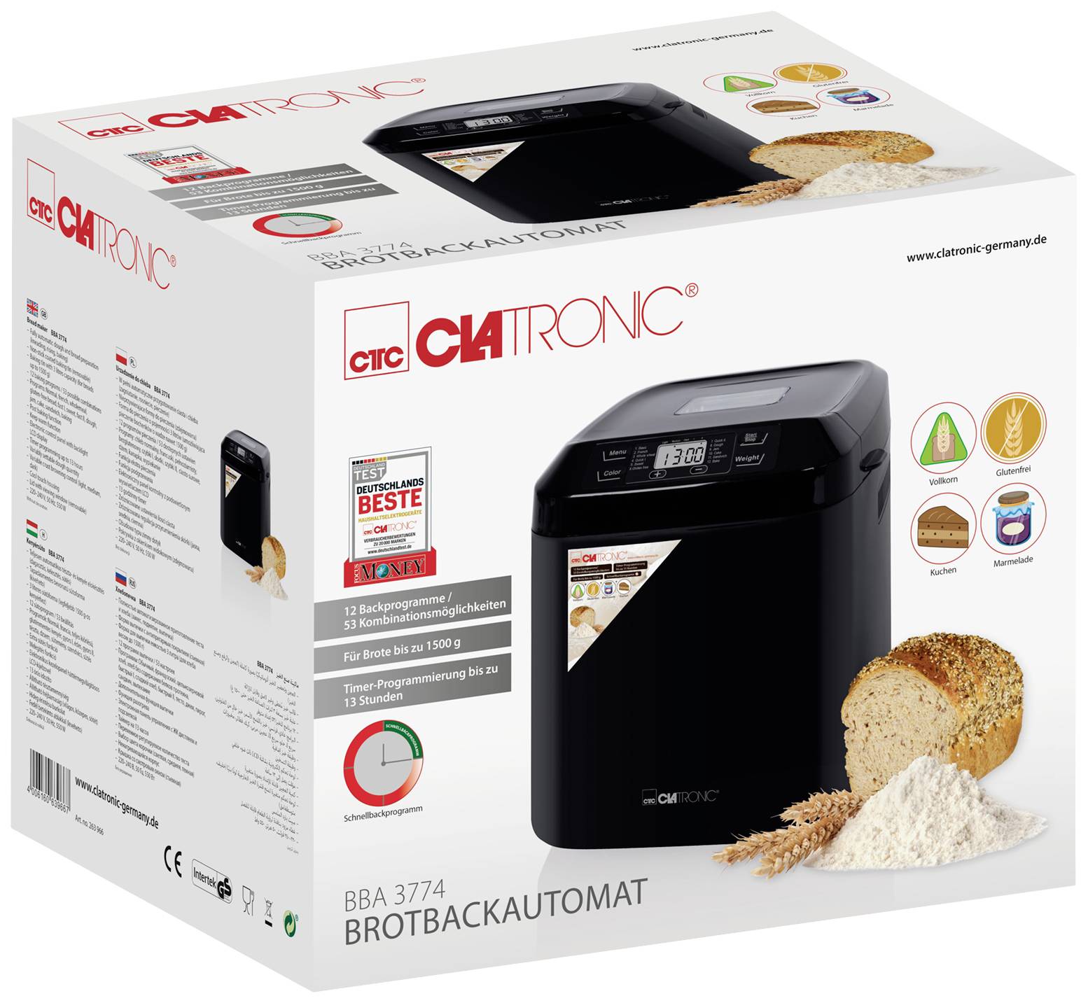 Verpackung eines Brotbackautomaten, Modell BBA 3774 von Clatronic, mit Abbildung des Geräts und Brot. Enthält Infos zu Funktionen und Auszeichnungen.