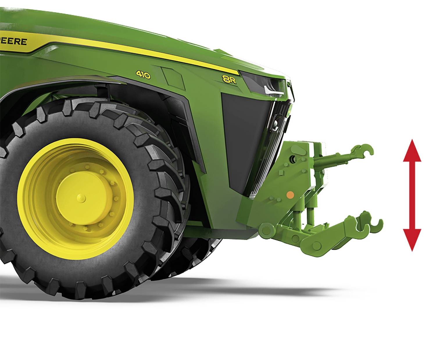 Teil eines grünen Traktors mit gelben Rädern und Hydraulikarm. Roter Doppelpfeil zeigt Höhenanpassung an, möglicherweise für landwirtschaftliche Geräteanpassung.