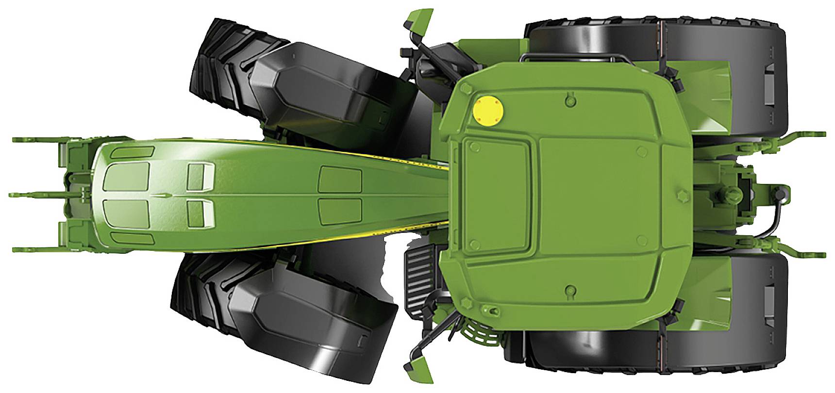 Grüner Traktor von oben, zeigt Aufbau und Reifendetails. Hauptstruktur gut sichtbar, geeignet für landwirtschaftliche Arbeit.