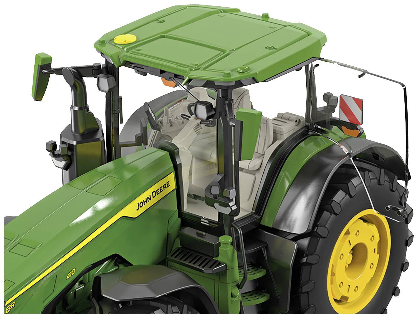 Ein grüner Traktor mit gelben Rädern, Seitenansicht. Der Traktor hat eine Fahrerkabine und das Logo 'John Deere' auf der Seite.