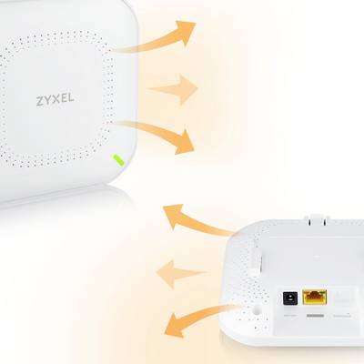 'Zyxel Router, Ansicht von vorn und hinten, zeigt Lüftung und Anschlüsse. Orange Pfeile deuten auf Luftstromrichtung hin.'