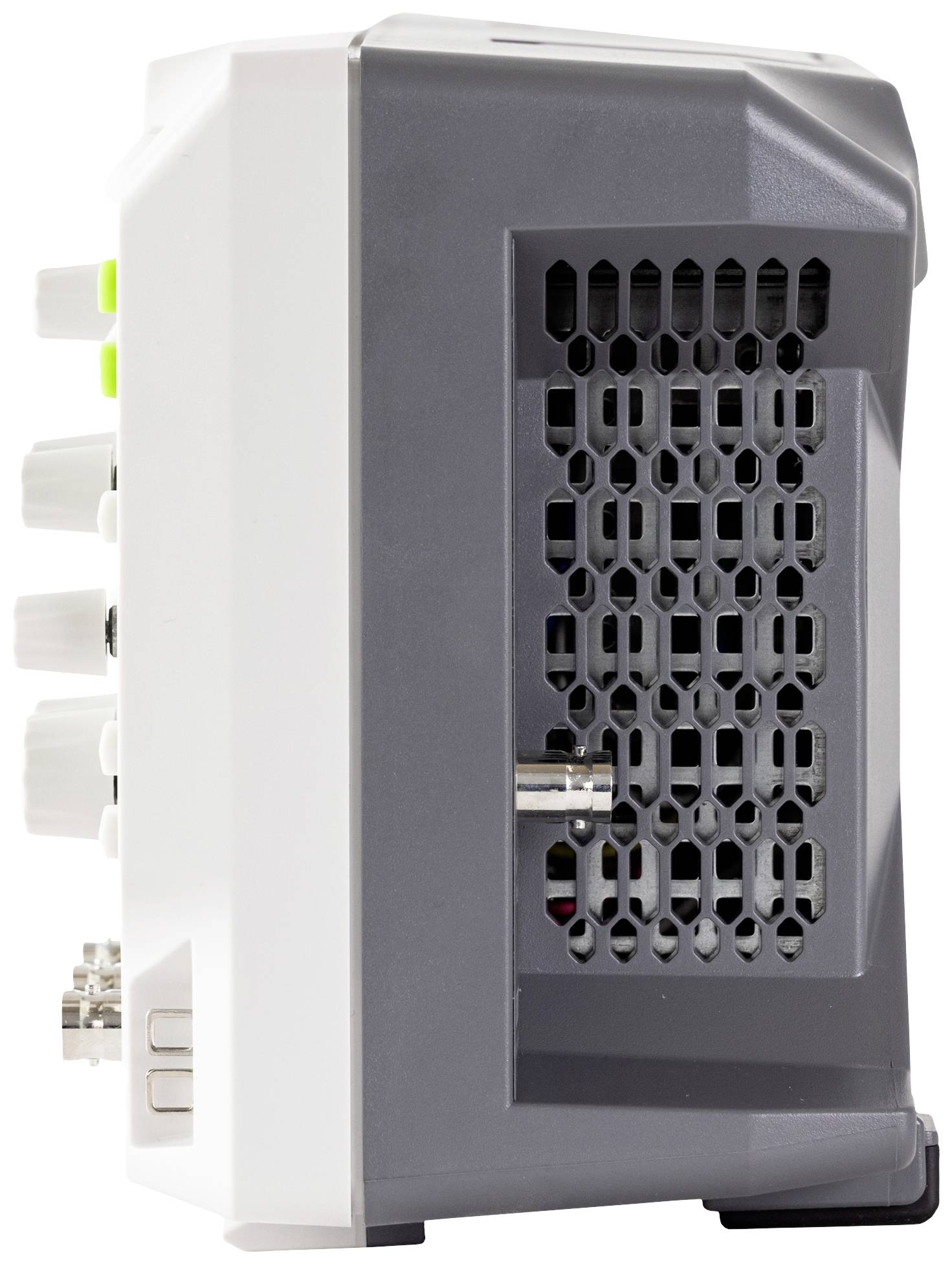 Ein Netzwerkrouter mit mehreren Anschlüssen an der linken Seite und einem grauen Lüftungsgitter auf der rechten Seite.