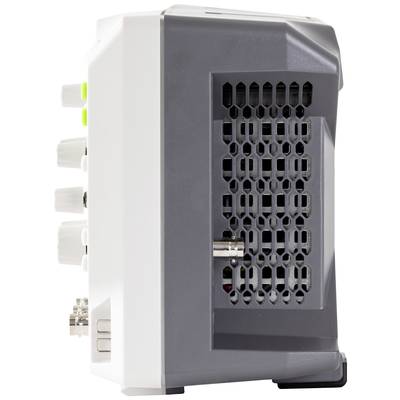 Ein Netzwerkrouter mit mehreren Anschlüssen an der linken Seite und einem grauen Lüftungsgitter auf der rechten Seite.