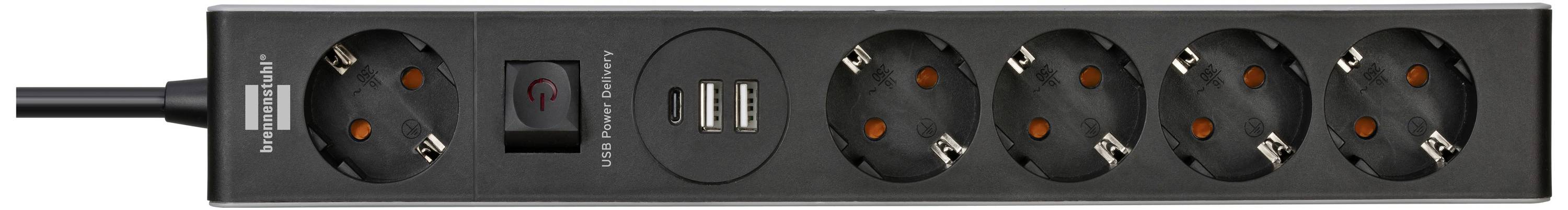 'Schwarze Steckdosenleiste mit fünf Steckplätzen, zwei USB-Anschlüssen und einem Schalter zur Stromkontrolle.'