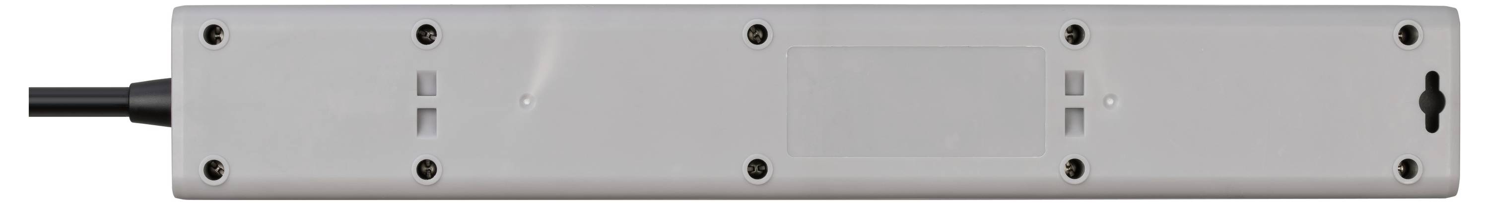 Langes silbernes metallisches elektronisches Gerät horizontal dargestellt, mit schwarzem Kabel auf der linken Seite und Befestigungslöchern entlang der oberen und unteren Kanten.