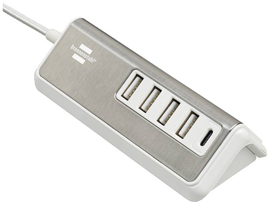 Ein USB-Hub in Silber und Weiß mit fünf Ports, auf einem Schreibtisch platziert. Geeignet zum gleichzeitigen Laden mehrerer Geräte.