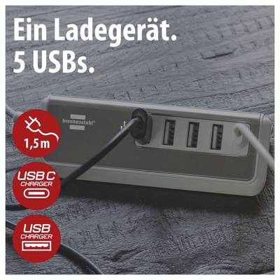 Werbebild eines Brennenstuhl-USB-Ladegeräts mit fünf USB-Anschlüssen und 1,5-m-Kabel; Text: 'Ein Ladegerät. 5 USBs.'<br>