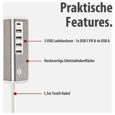 Werbegrafik eines Steckdosen-USB-Hubs mit fünf Ladebuchsen: 1x USB-C PD und 4x USB-A, Edelstahloberfläche, 1,5-m-Textilkabel.