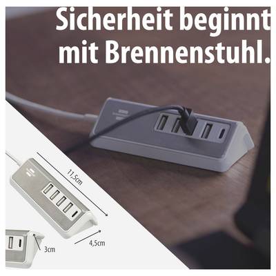 Werbebild eines grauen Brennenstuhl-Mehrfachladers auf einem Tisch; Text: 'Sicherheit beginnt mit Brennenstuhl.'<br>