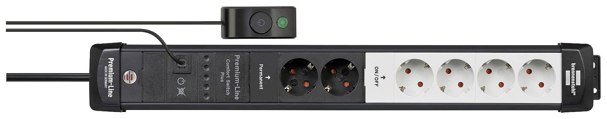 Mehrfachsteckdose mit Überspannungsschutz, sechs Schuko-Steckplätze, schwarzes Design, Kippschalter mit LED-Anzeige.