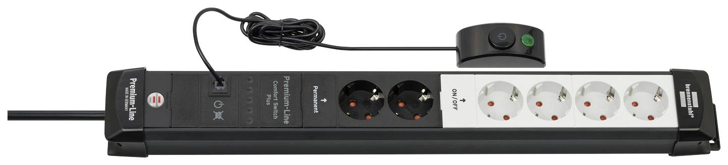 Mehrfachsteckdosenleiste mit sechs Steckplätzen, davon zwei schwarz markiert; integrierter Schalter mit Kabel, um Energie zu sparen.