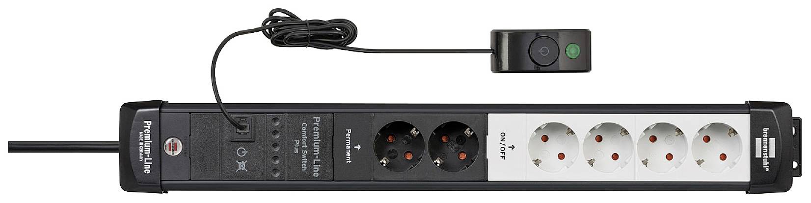 Mehrfachsteckdose mit sechs Steckplätzen und Überspannungsschutz, ein Kippschalter an einem Kabel ermöglicht das Ein- und Ausschalten.