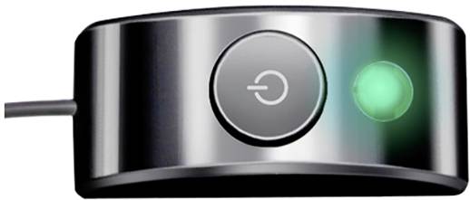 Ein schwarzer Knopf mit einem weißen 'Einschalten'-Symbol befindet sich auf einem metallischen Gehäuse. Rechts leuchtet ein grünes Licht.