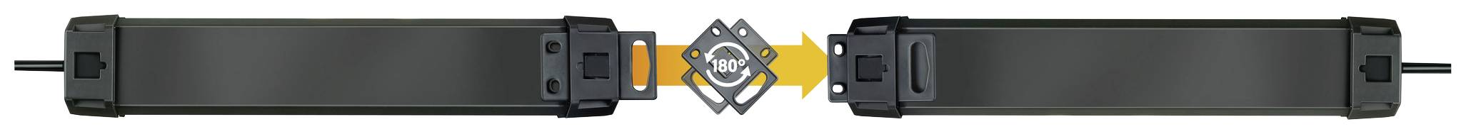 Ein schwarzer, rechteckiger Gegenstand mit abgerundeten Ecken und einem gelben Symbol in der Mitte, verbunden durch gelbe Pfeile.