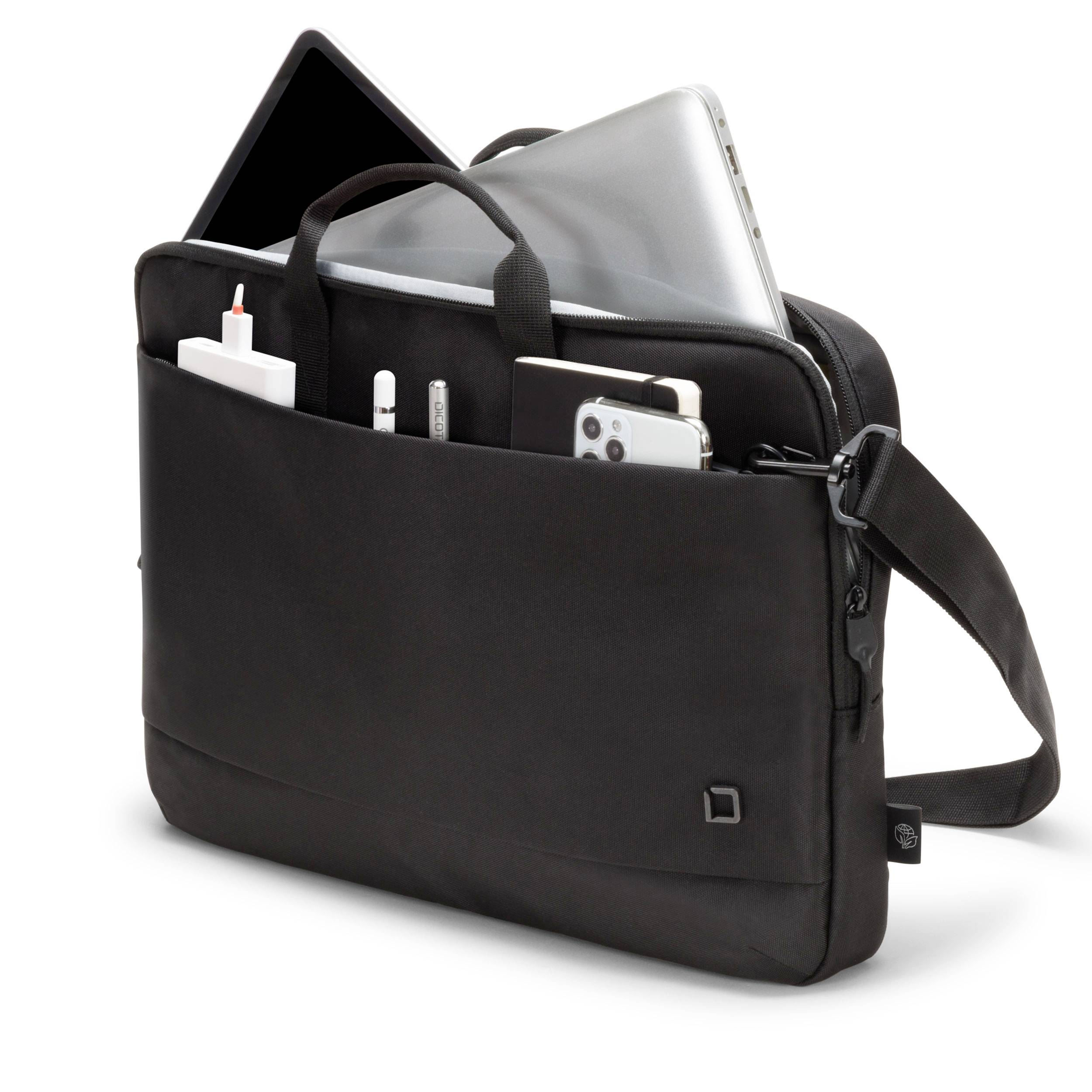 Schwarze Laptop-Tasche mit mehreren Fächern, enthält ein Laptop, Smartphone, Ladekabel und kleines Notizbuch; praktisch und organisiert.