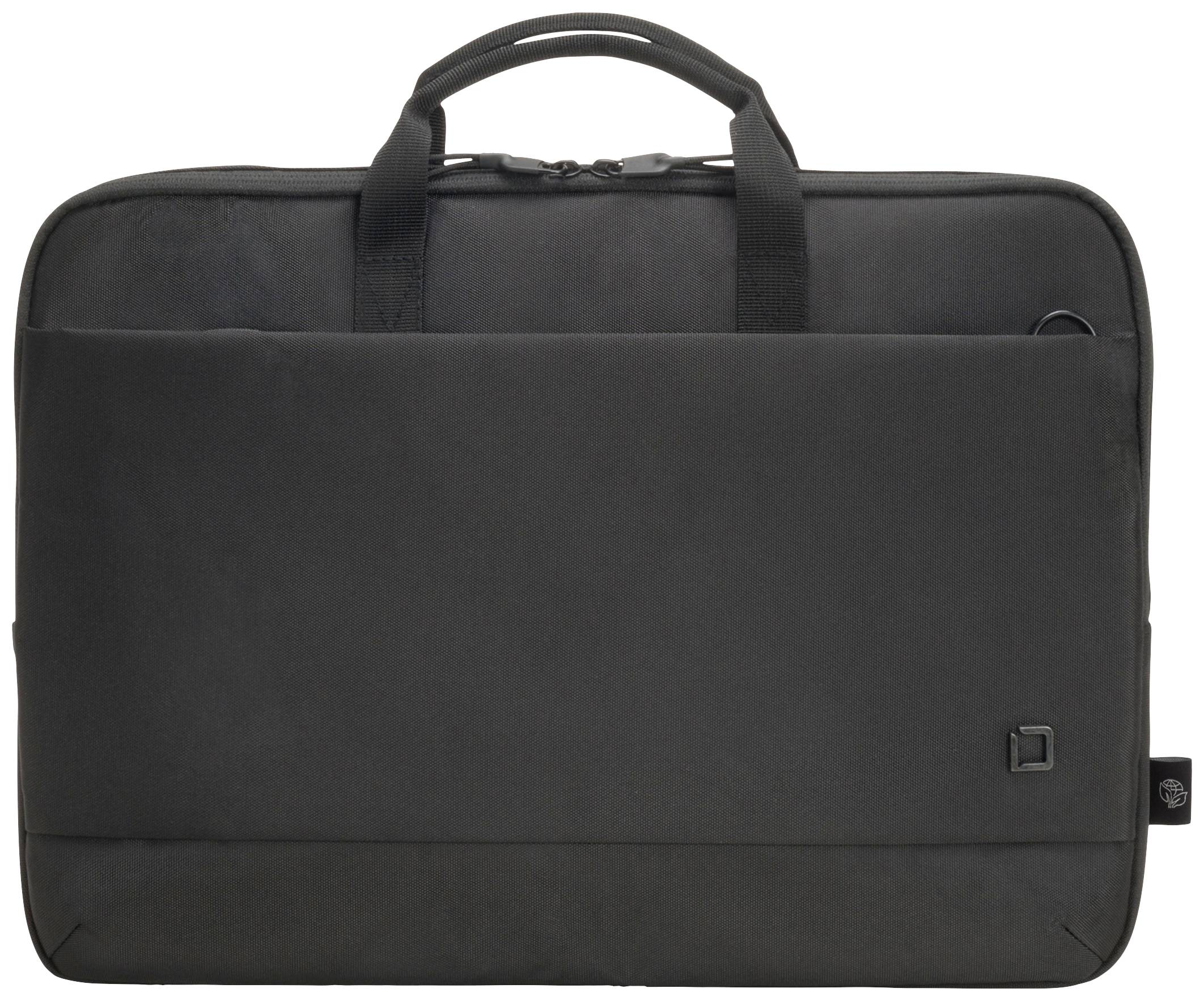 Schwarze, rechteckige Laptoptasche mit Griffen und Reißverschluss; schlichtes Design ohne sichtbare Logos oder Verzierung.