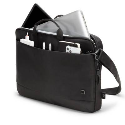 Eine schwarze Laptoptasche mit Reißverschluss, gefüllt mit einem Laptop, einer Handyhülle, einem Ladegerät und Kabel.