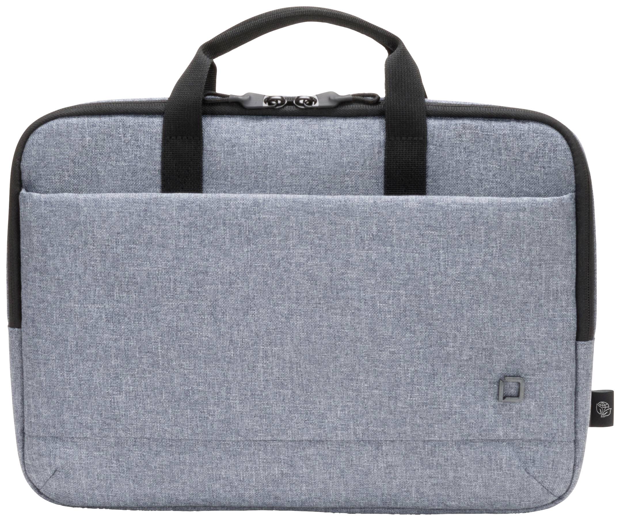 Graue Laptop-Tasche mit schwarzen Griffen und einem Reißverschluss, geeignet für den sicheren Transport eines Laptops.