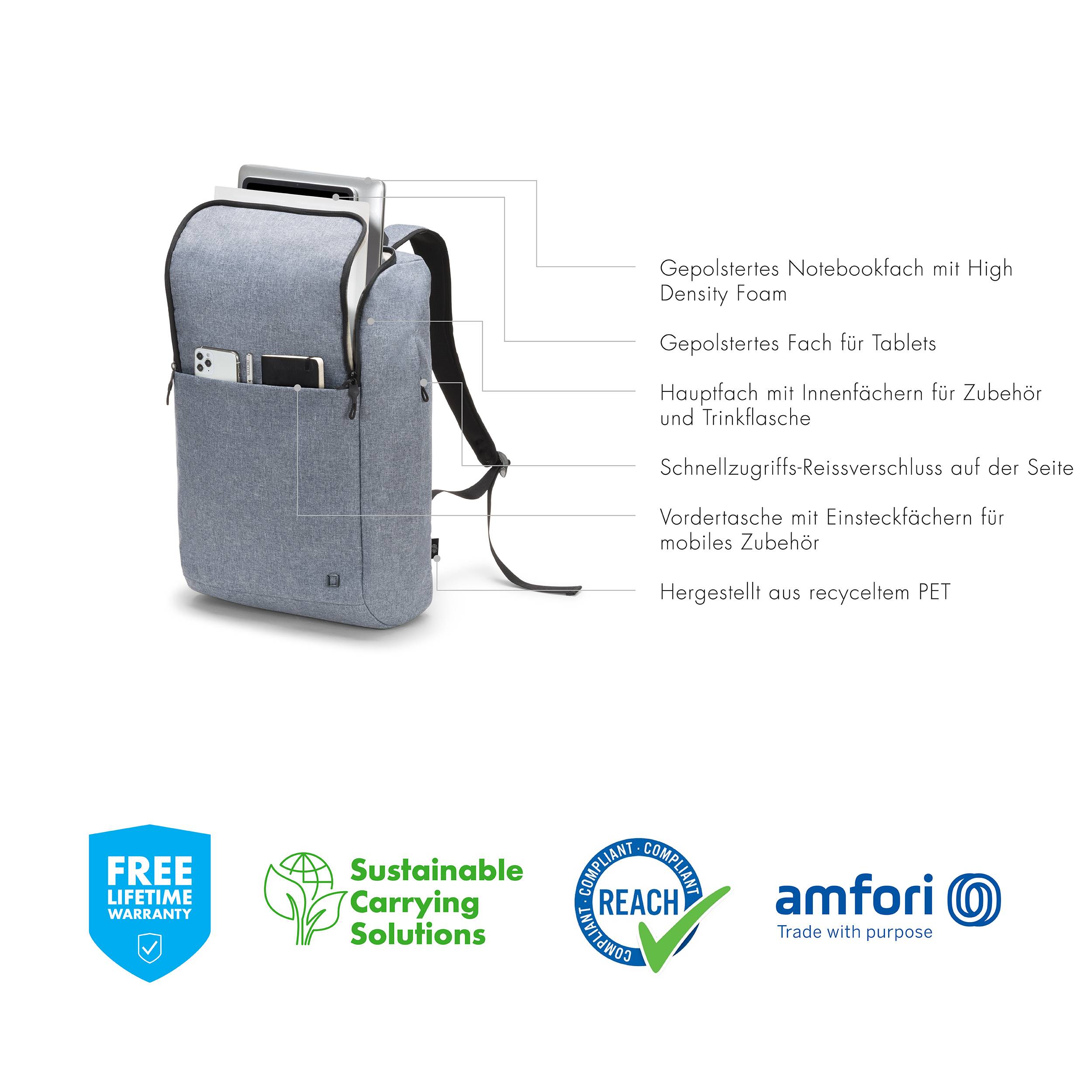 'Täglicher Rucksack mit gepolstertem Notebookfach, Hauptfach für Zubehör, nachhaltigem Material und Schnellzugriffstasche.'