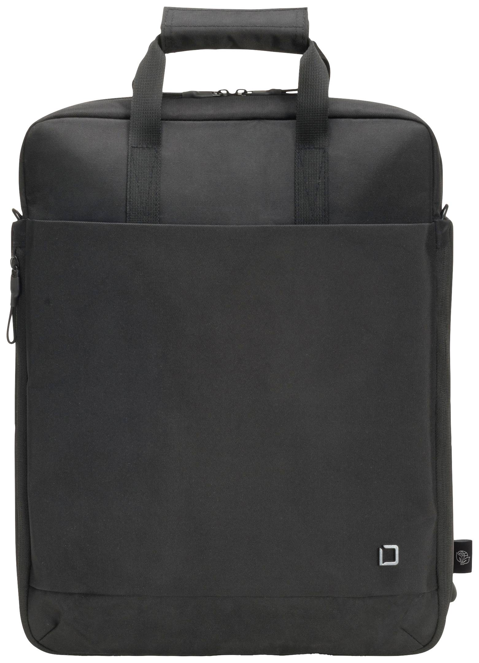 Schwarze, rechteckige Laptop-Tasche mit zwei Griffen und einem mittigen Reißverschluss.