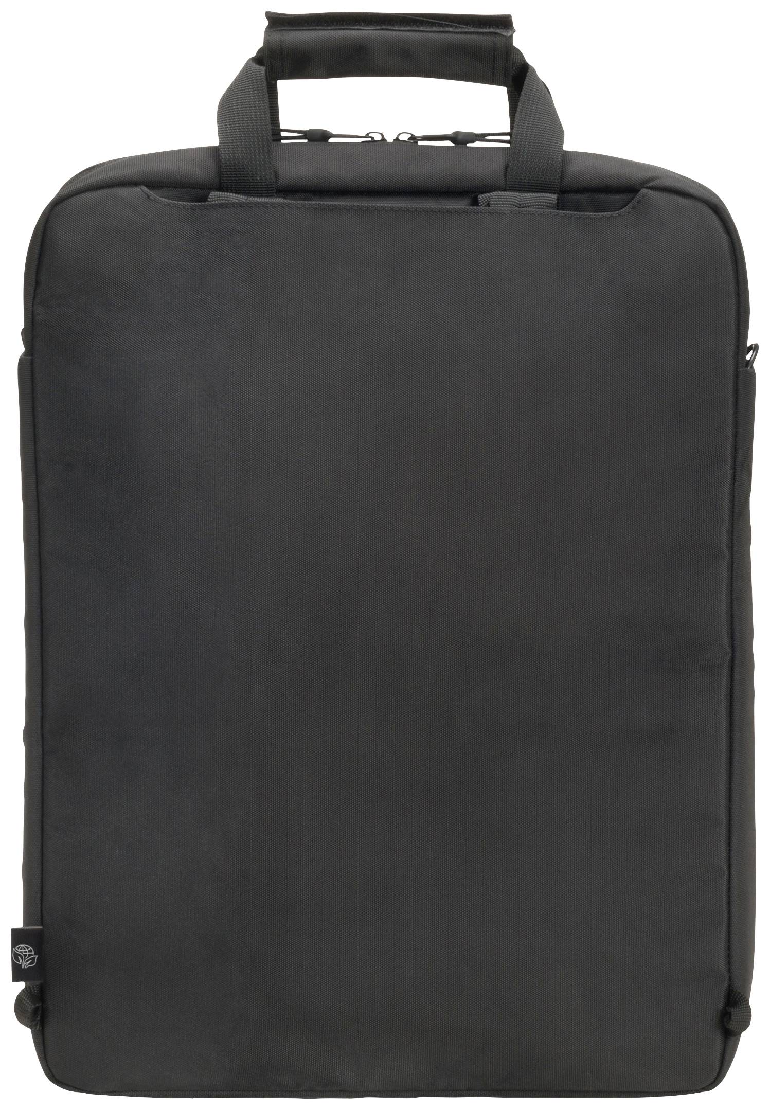 Ein schwarzer, rechteckiger Rucksack mit zwei Griffen oben. Schlichtes Design, geeignet für den täglichen Gebrauch oder Reisen.