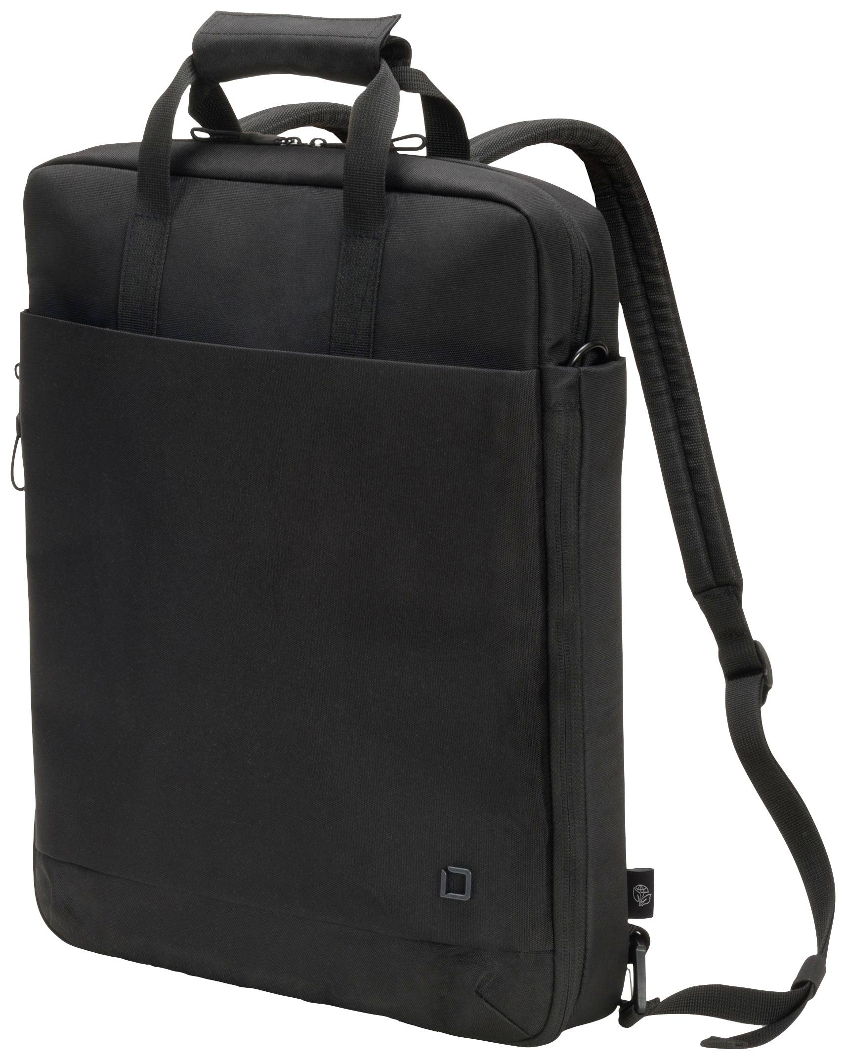 Schwarzer Laptop-Rucksack mit Tragegriff und verstellbaren Schultergurten. Schlichtes Design ohne sichtbare Logos oder Muster.