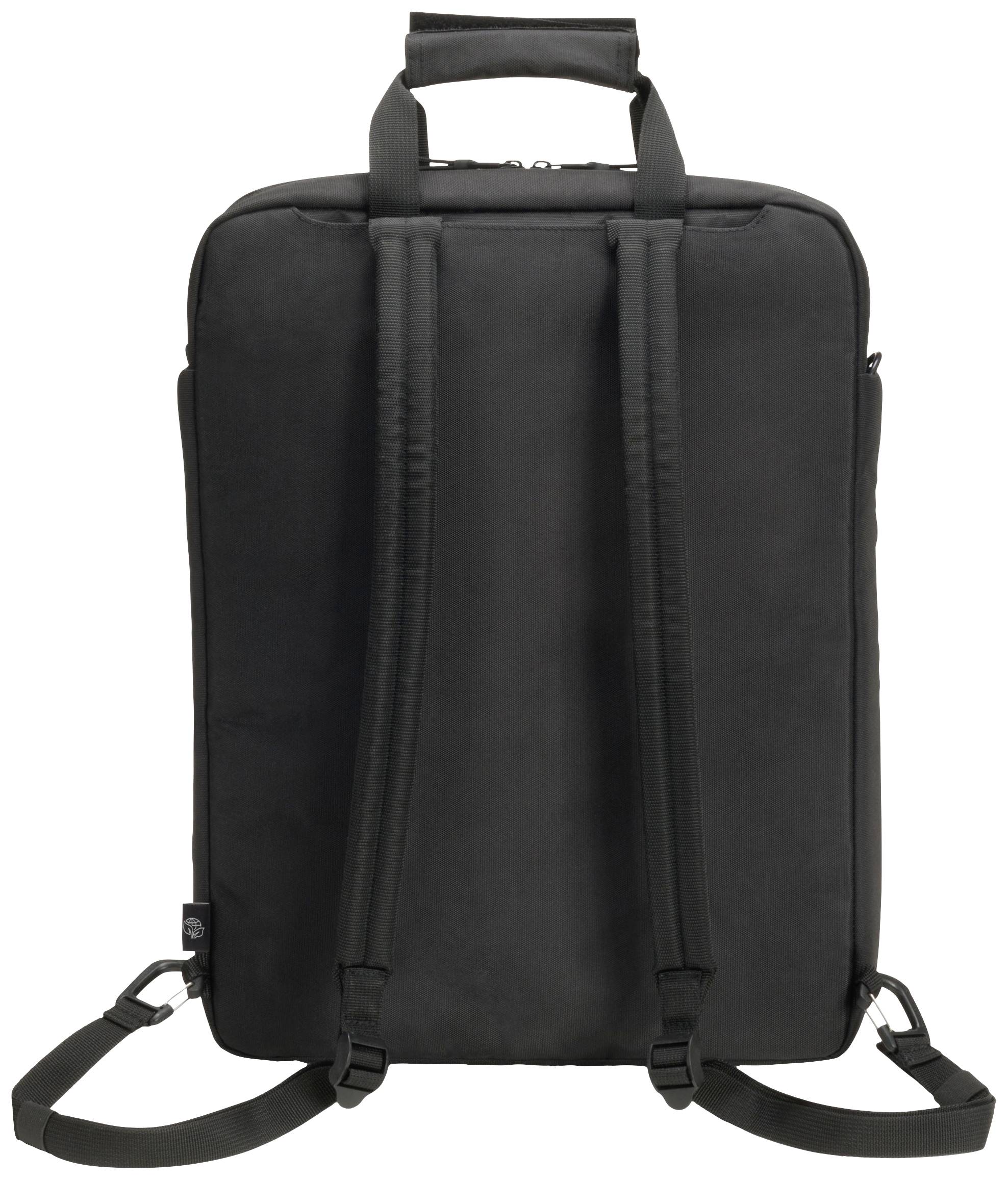 Ein schwarzer Rucksack mit zwei Schulterriemen und einem oberen Tragegriff, schlichtes Design, geeignet für täglichen Gebrauch oder Reisen.