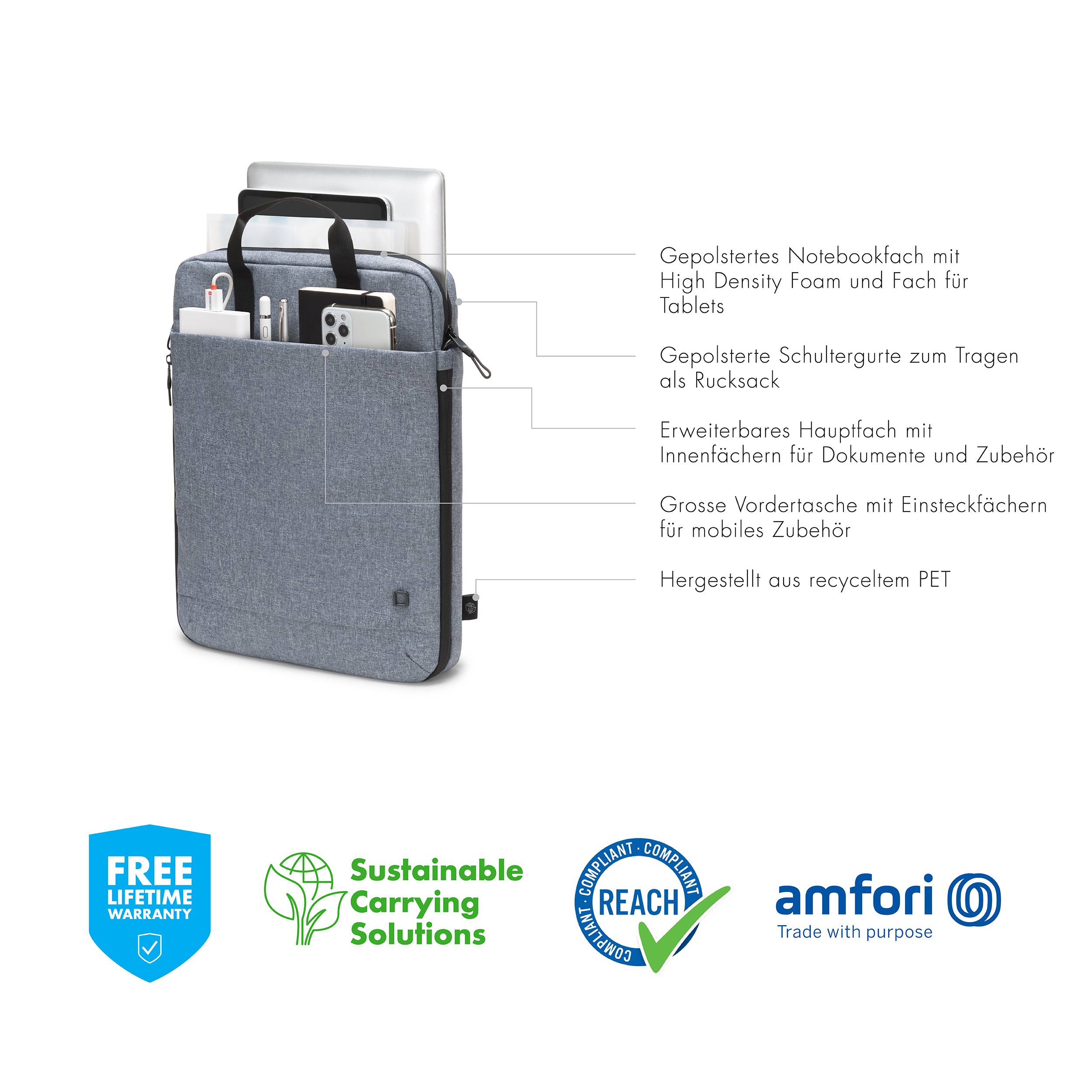 Tragetasche mit Notebookfach, Schultergurte und mehreren Außentaschen. Hergestellt aus recyceltem PET. Nachhaltiges Design.