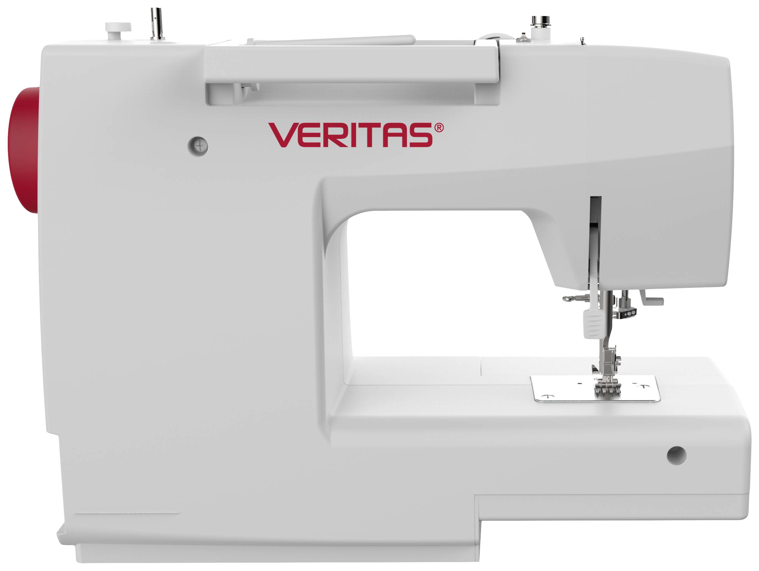 Nähmaschine mit grauem Gehäuse und rotem Knopf, Markenname 'Veritas' aufgedruckt.