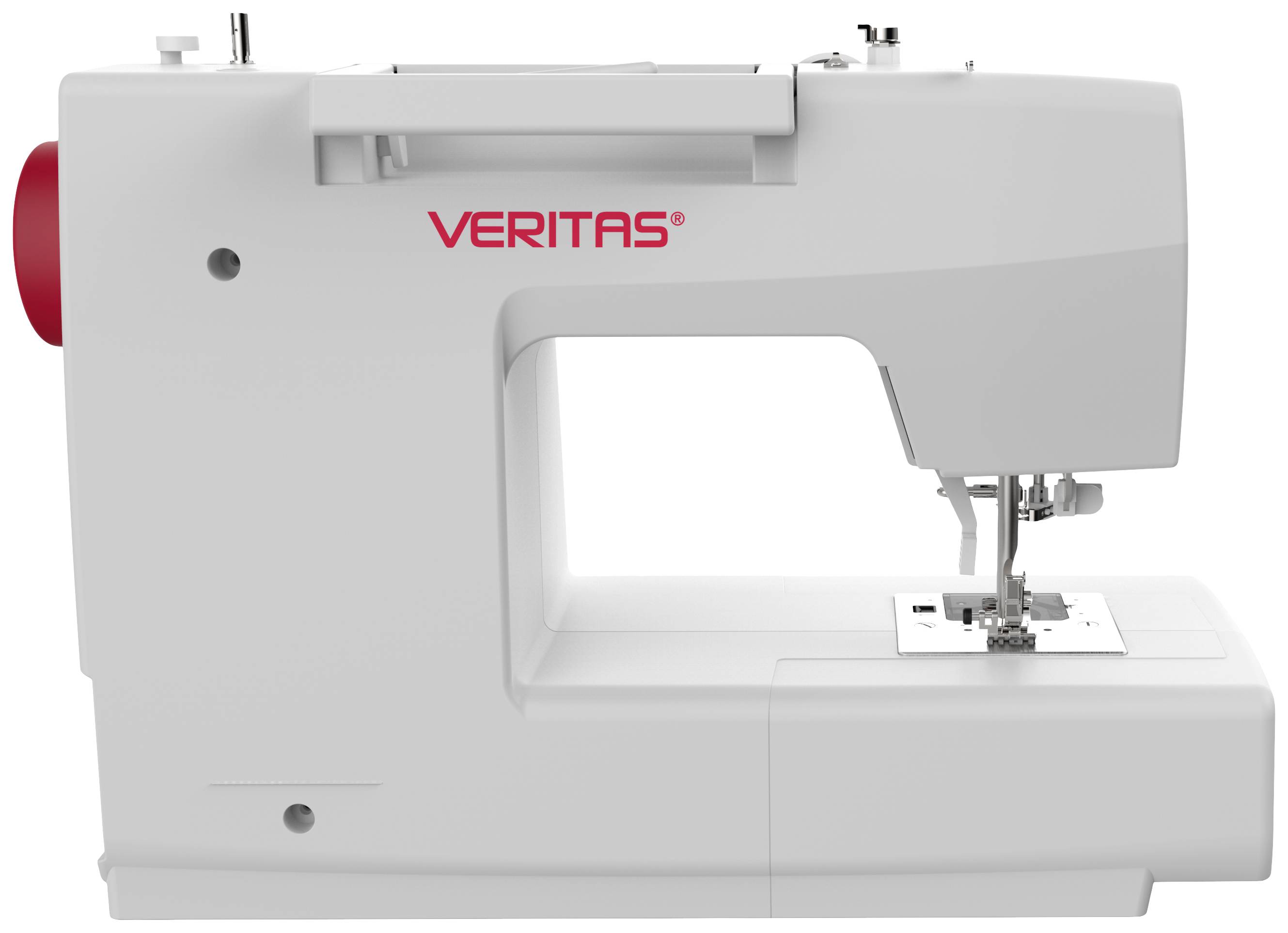 Eine weiße Nähmaschine mit dem roten Schriftzug 'VERITAS' auf der Vorderseite, Seitenansicht ohne sichtbare Nähaktivität.