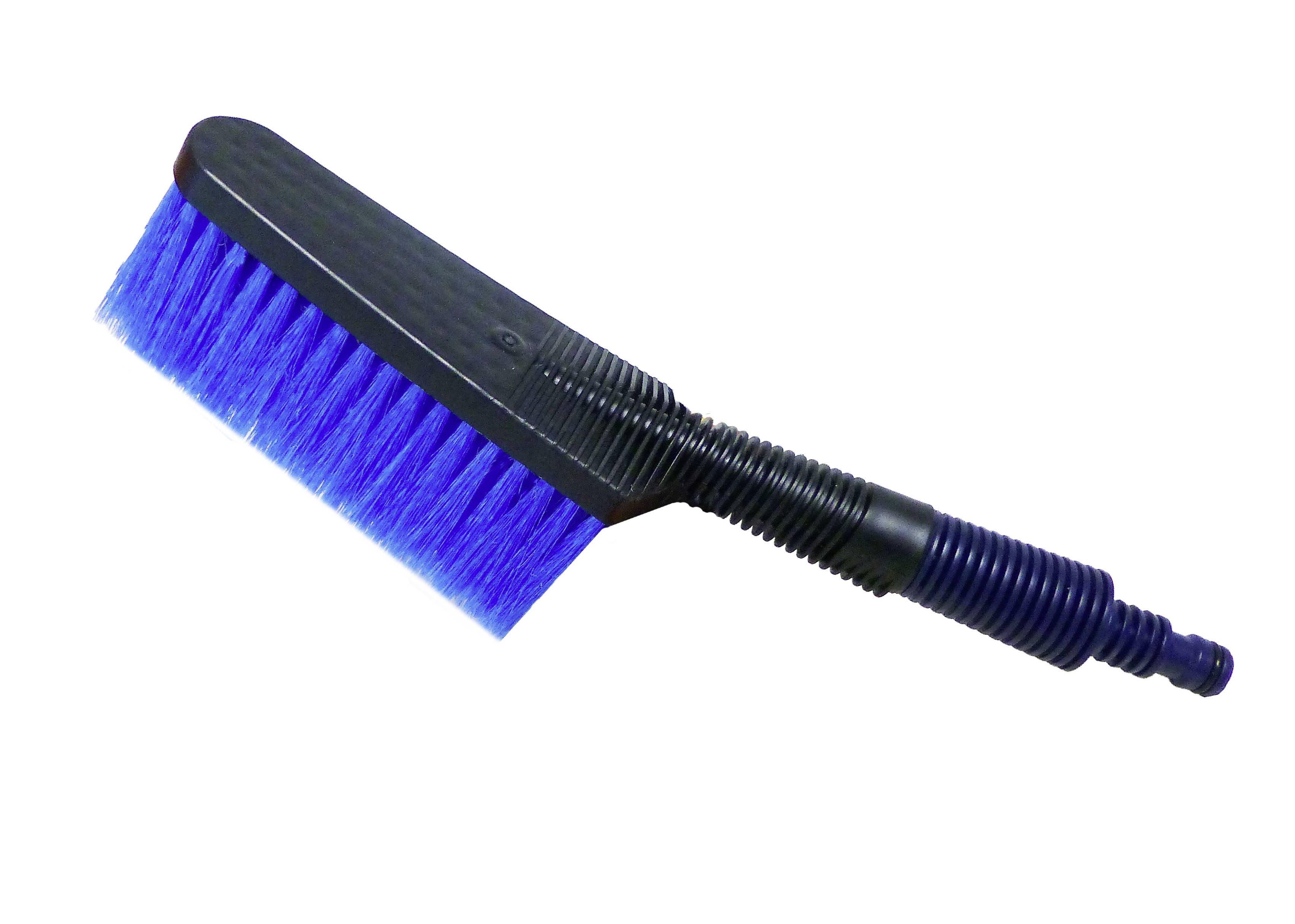 Blauer Eiskratzer-Wischer mit mittellangem Griff und Borsten, zum Reinigen von Autoscheiben im Winter.