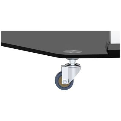 Nahaufnahme einer lenkbaren Rolle an einem Tisch, die eine flexible Bewegung ermöglicht. Die Rolle ist aus Metall und Gummi gefertigt.