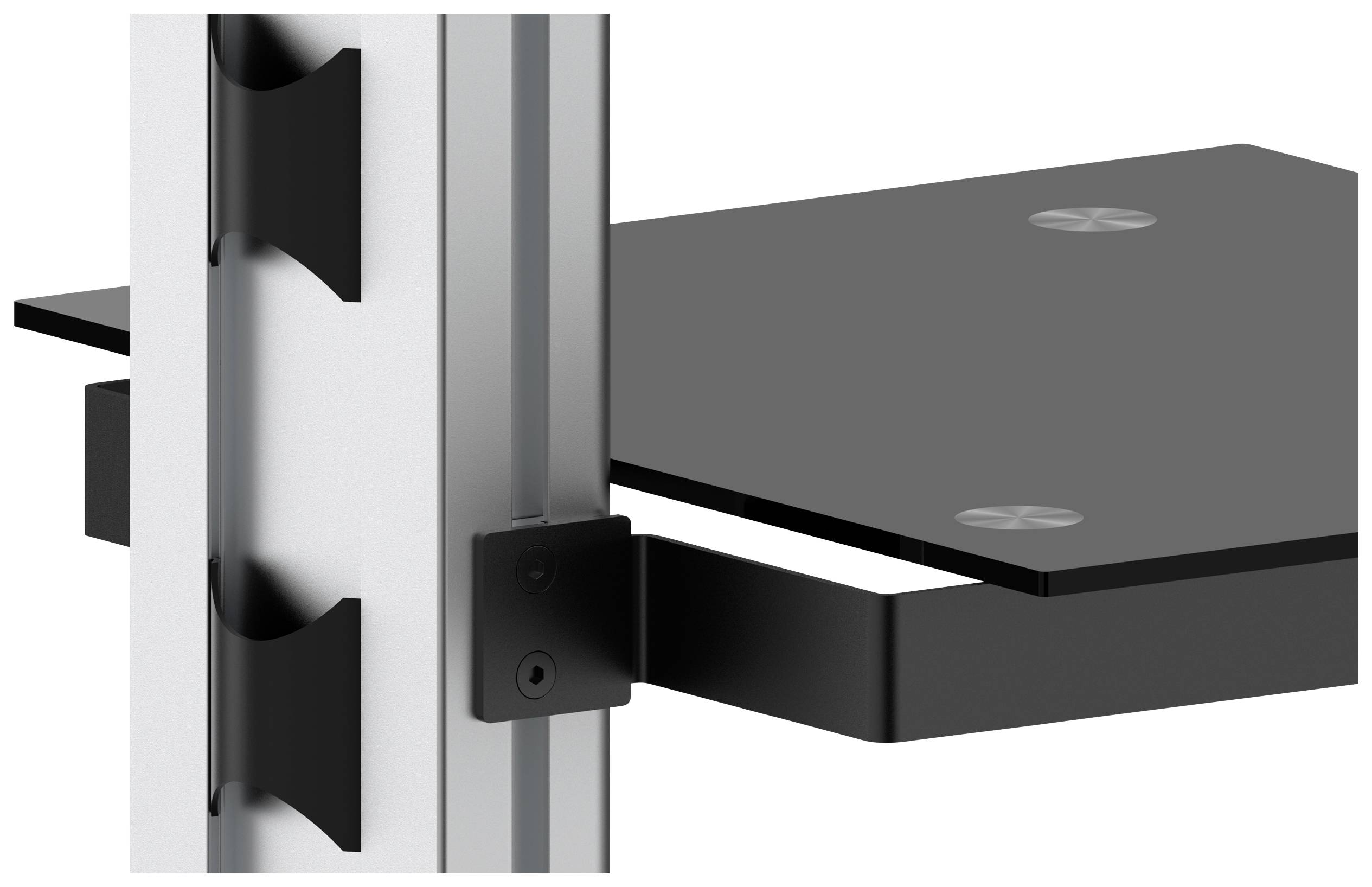 Horizontaler, schwarzer Regalhalter an einer vertikalen Metallschiene befestigt, Teil eines modularen Regalsystems.