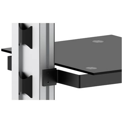 Horizontaler, schwarzer Regalhalter an einer vertikalen Metallschiene befestigt, Teil eines modularen Regalsystems.