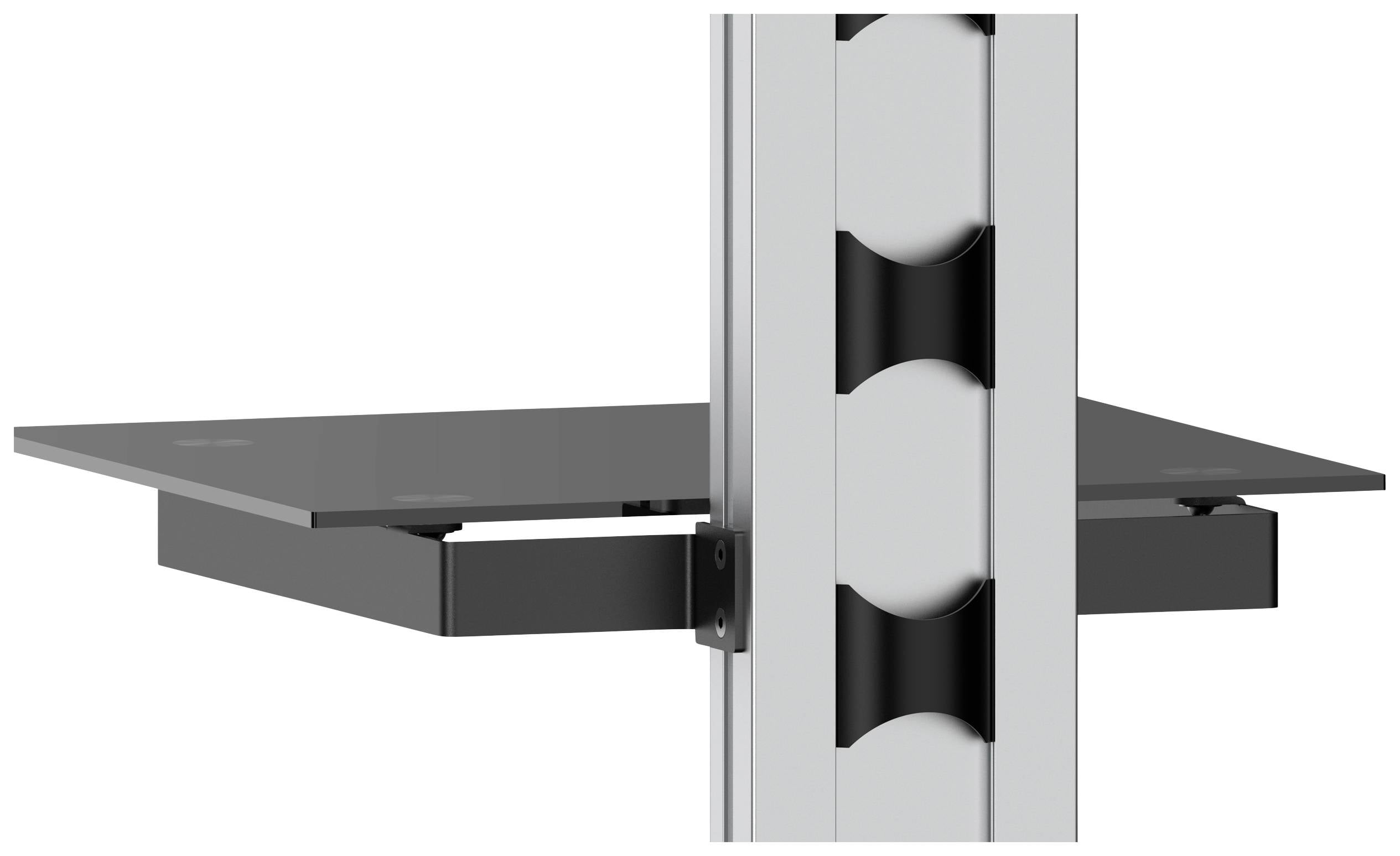 Ein schwarzes Regal ist an einem silbernen Metallpfosten montiert, mit einem modernen, funktionalen Design für platzsparende Lagerung.