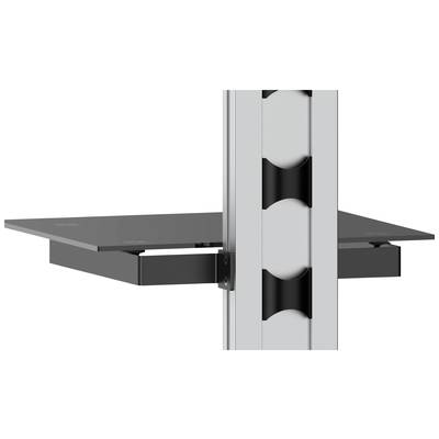 Ein schwarzes Regal ist an einem silbernen Metallpfosten montiert, mit einem modernen, funktionalen Design für platzsparende Lagerung.