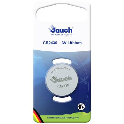 Verpackung für eine 3V Lithiumbatterie CR2430 von Jauch. Oben der Schriftzug 'The Pulse of Progress'. Batteriefach unten sichtbar.