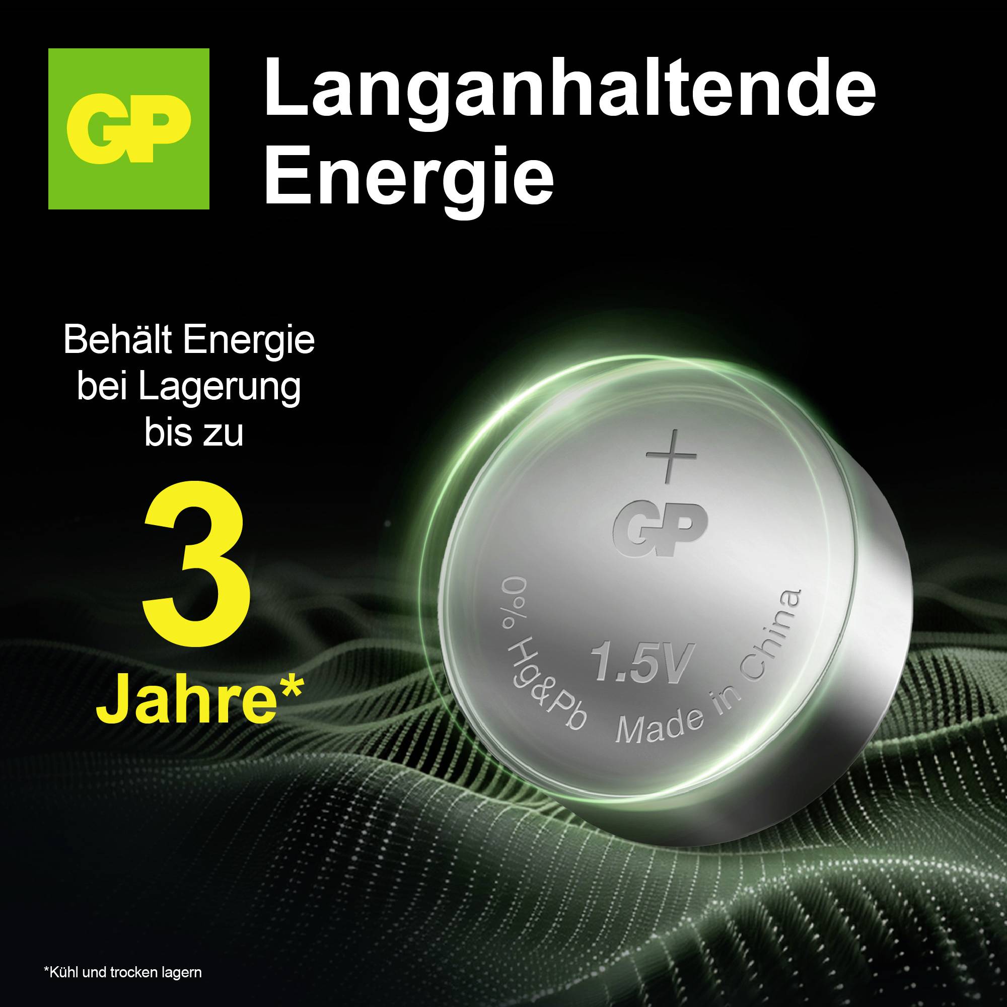 Werbeanzeige für GP-Batterie: 'Langanhaltende Energie' und 'Behält Energie bei Lagerung bis zu 3 Jahre*'; zeigt eine 1,5V-Knopfzelle.