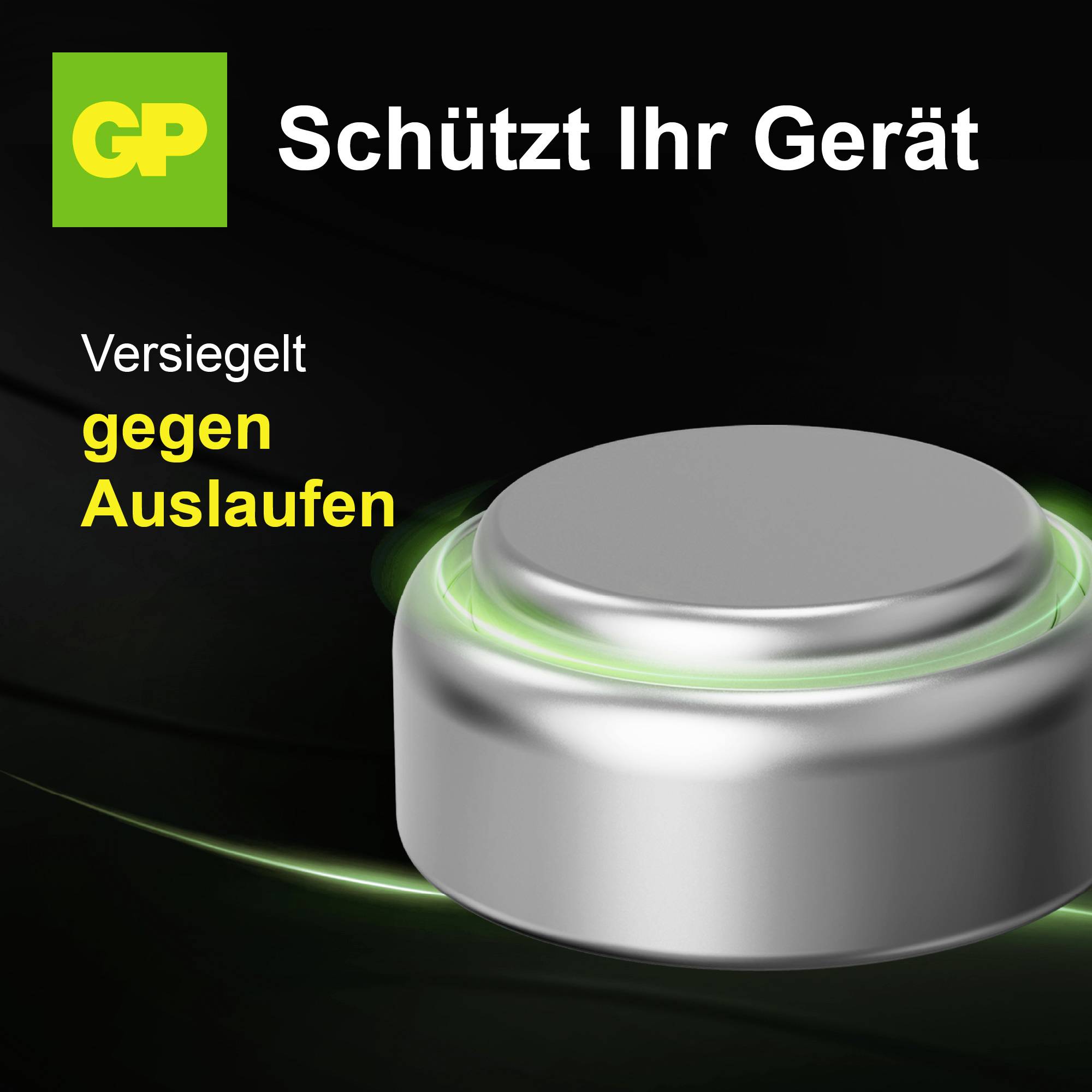 Werbung für GP-Batterien: Text 'Schützt Ihr Gerät', 'Versiegelt gegen Auslaufen' und Abbildung einer Batterie mit grünem Dichtungsring.