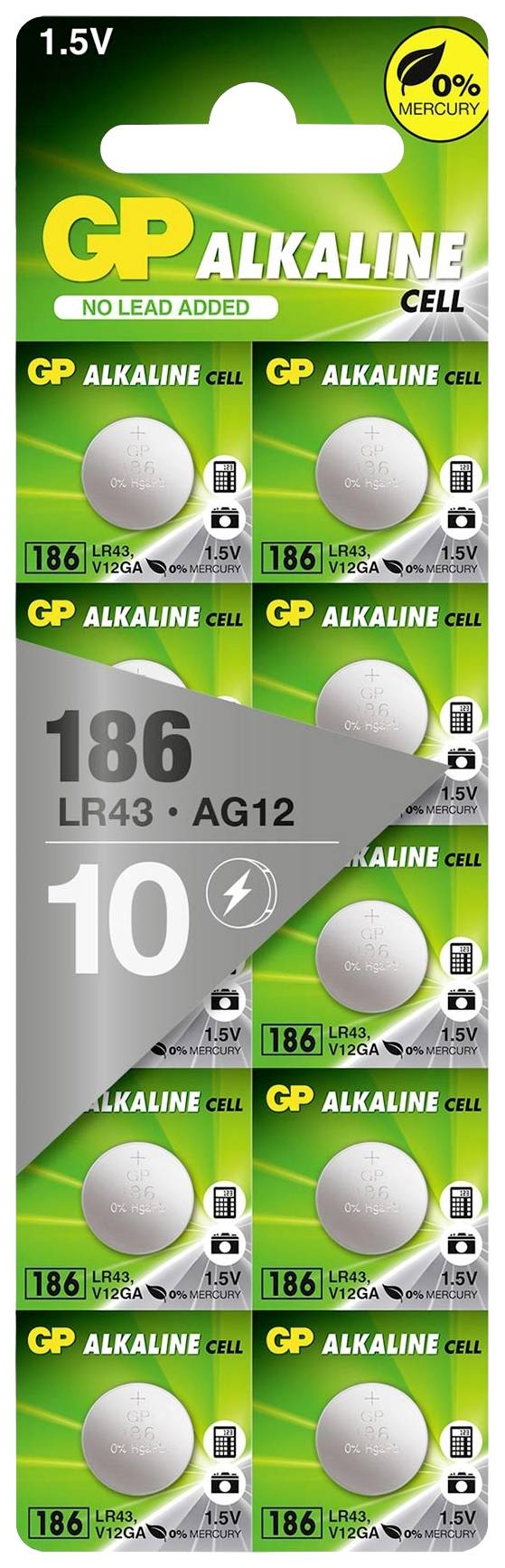 Verpackung mit zehn GP Alkaline Knopfzellen, Typ 186 (LR43, AG12), je 1,5V. Geeignet für kleine Geräte. Enthält kein Quecksilber.