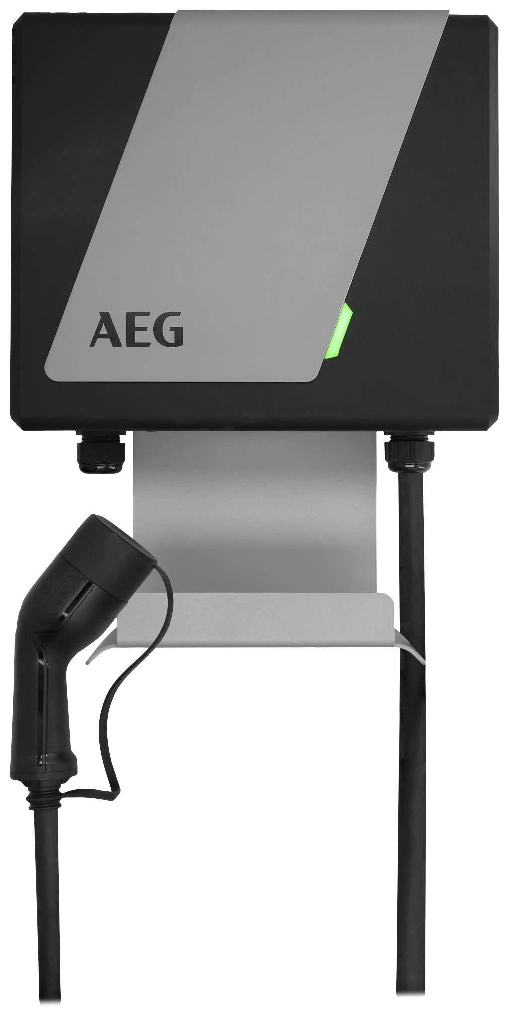 Ladesäule für Elektrofahrzeuge von AEG mit schwarzem und grauem Design, grünem Licht und integrierter Ladesteckdose.