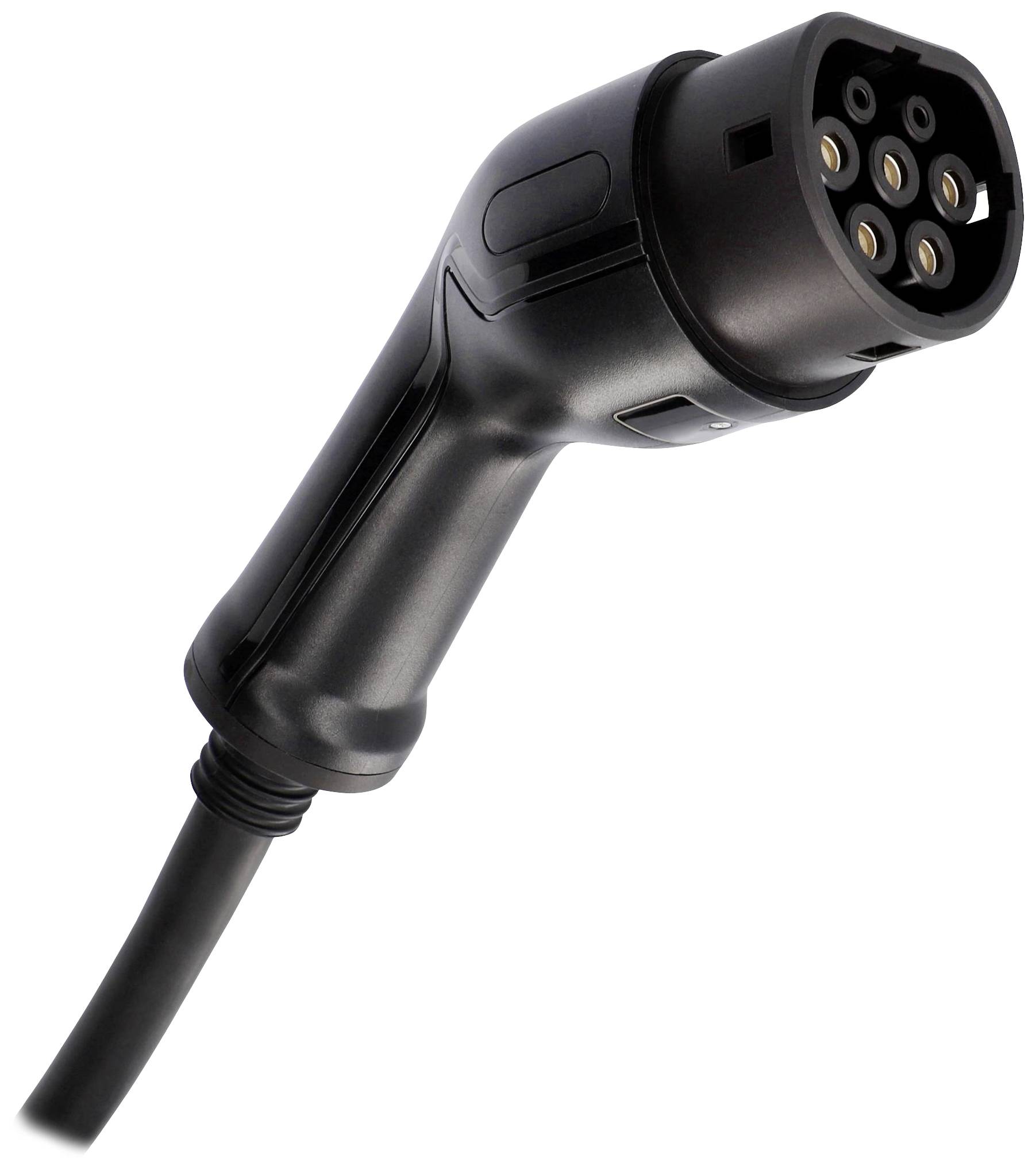 Schwarzer Ladestecker mit mehreren Metallanschlüssen, verwendet zum Aufladen von Elektrofahrzeugen.