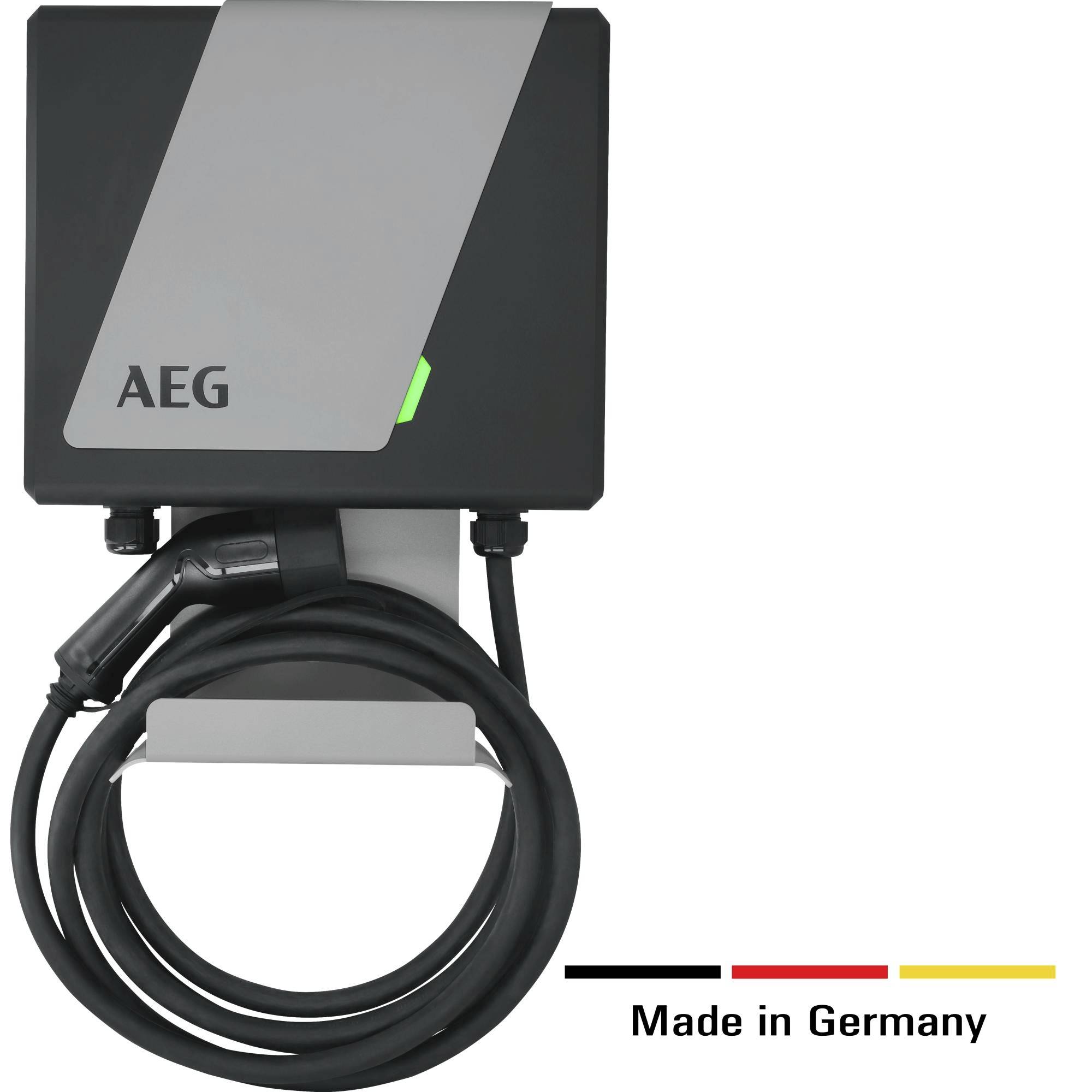 'AEG Wallbox mit Kabelhalterung, schwarze und graue Verkleidung, mit Logo und Schriftzug 'Made in Germany' daneben.'