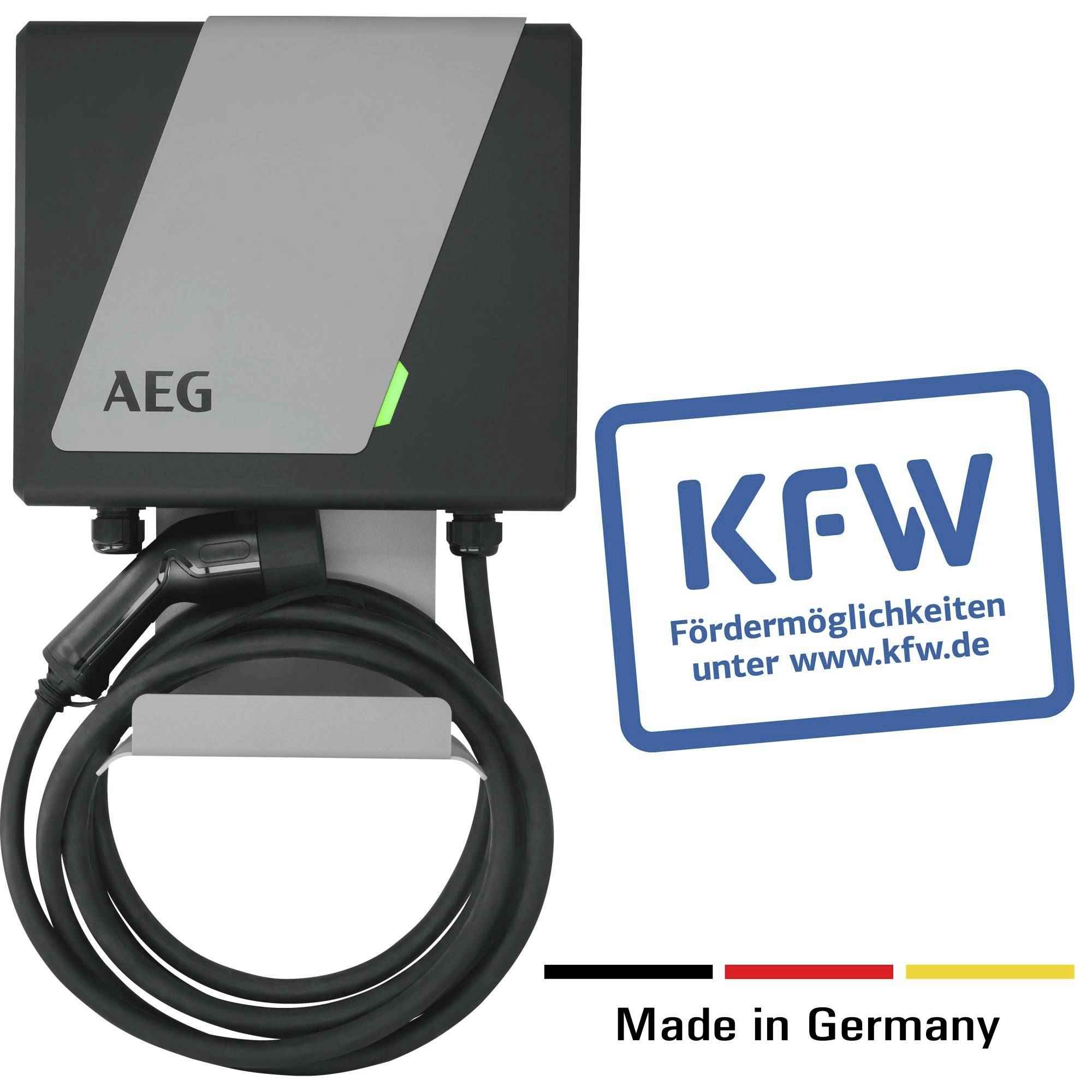Ladestation mit AEG-Logo und Kabel. KFW-Logo rechts, Text: 'Fördermöglichkeiten unter www.kfw.de'. Darunter: 'Made in Germany'.