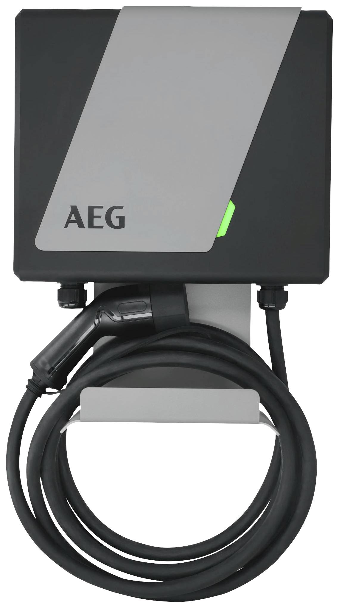 Wallbox-Ladestation mit AEG-Logo, grünem Leuchtzeichen und Ladekabel.