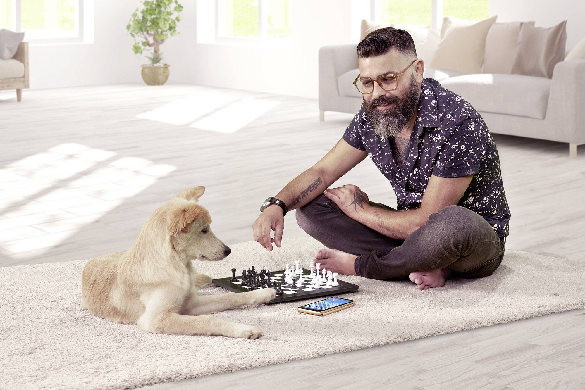 Ein Mann mit Brille sitzt auf einem Teppich und spielt Schach mit einem Hund. Beide schauen auf das Schachbrett.